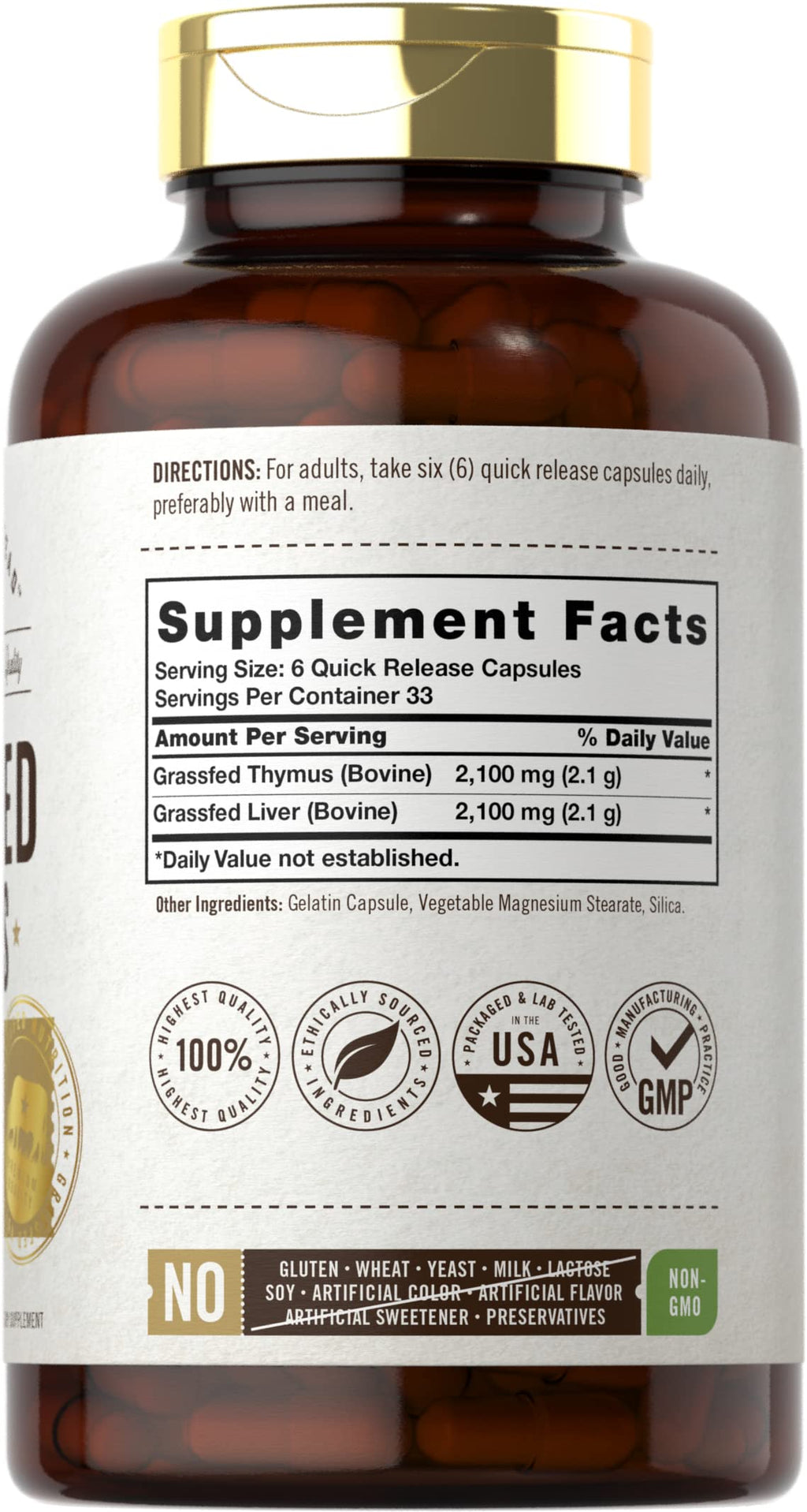 Carlyle Grass Fed Beef Thymus | 2100mg | 200 Capsules | Bovine Supplement | Pasture Raised, Non-GMO, Gluten Free | by Herbage Farmstead