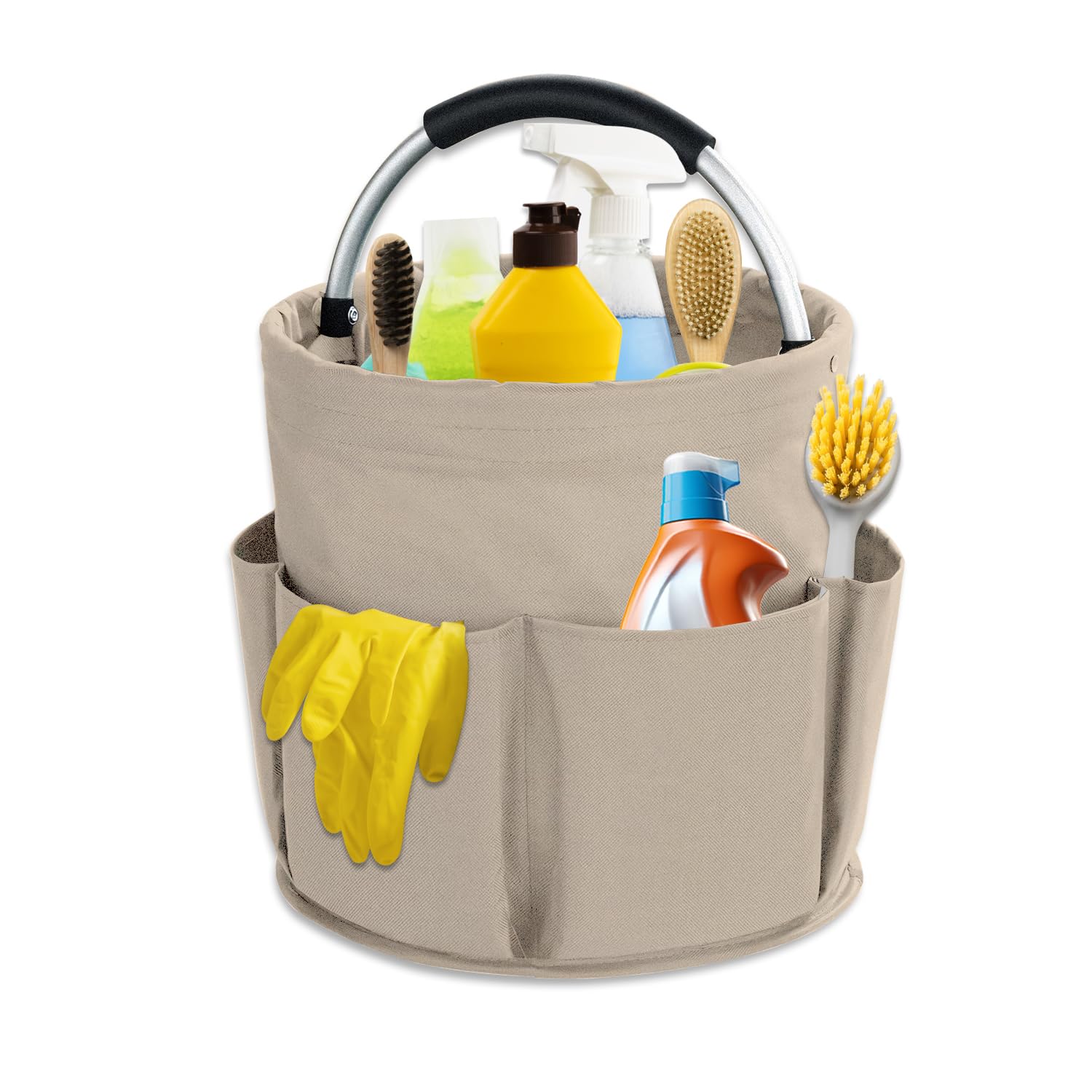 abcmilz 17L Cleaning Caddy with Handle, Cleaning Supplies Organizer, Foldable Storage Basket, Cleaning Supply Caddy, Portable Multi Cleaning Bucket Bag for Home, Garden (Khaki)