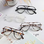 MMOWW 4 Pack Oversized Aviator Reading Glasses for Women Men Retro Double Bridge Pilot Style Blue Light Blocking Computer Readers, Black/Tortoise/Grey Tortoise/Transparent +1.5