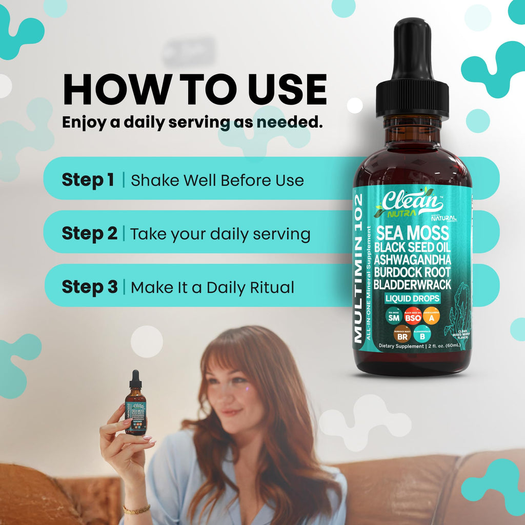 Clean Nutra Organic Sea Moss Drops Supplement | Black Seed Oil Irish Seamoss Ashwagandha Burdock Root & Bladderwrack - Multimineral Liquid Vegan for Gut Heath Energy Skin Immune Support & Hair