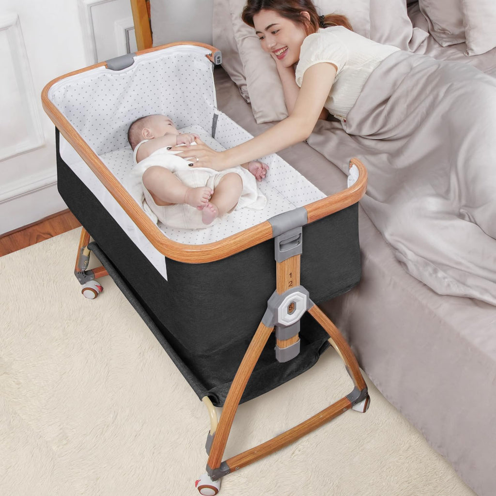 Komcot High Chair, Bedside Bassinet for Baby, 6 Height Adjustable Baby Bed, 3 in 1 Bassinet Bedside Sleeper with Wheels, Mosquito Net, Portable Bedside Crib for Infant/Baby/Newborn