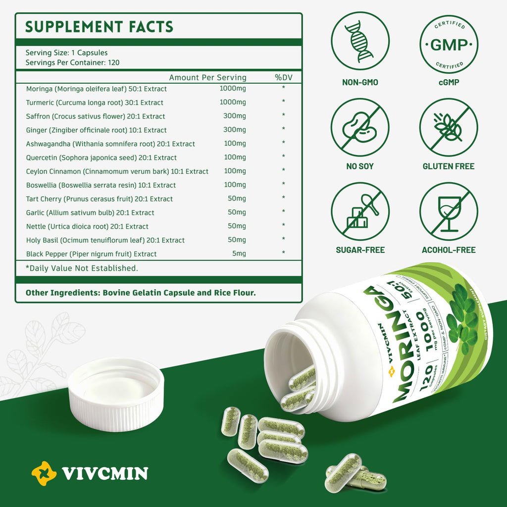 vivcmin 240 Moringa Capsules - Moringa Oleifera Leaf | Moringa Supplement for Energy & Immune Support - 8 Month Supply