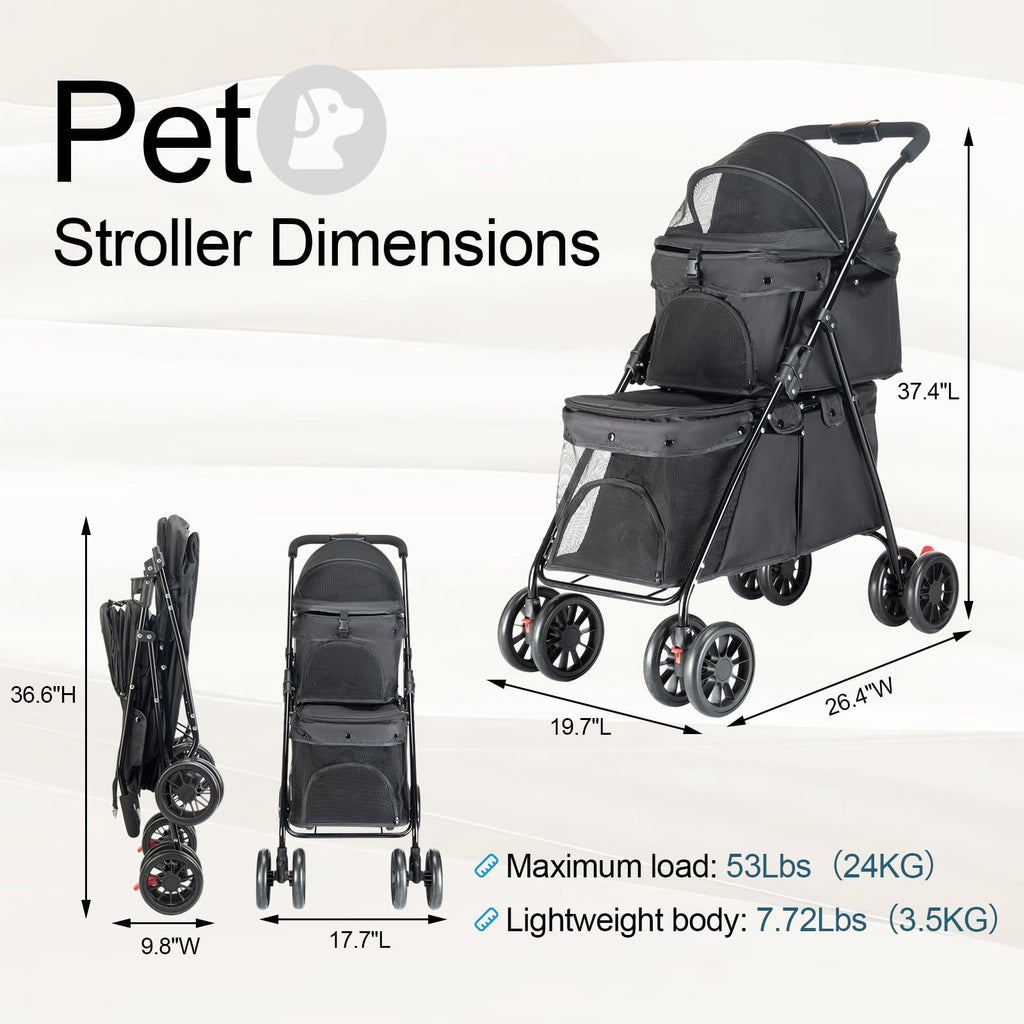 Double Pet Stroller for Medium Small Dogs and Cats with 2 Carriage, Durable Universal Wheels with Brakes Lightweight One Hand Foldale Kittens Puppies Travel Strolling Cart (Black)