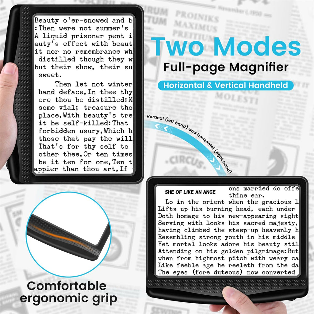 Rechargeable 5X Magnifying Glass for Reading, Large Bright Full Page Magnifier with Light, Handheld LED Dimmable Lighted, Lightweight Book Magnifier for Reading Small Prints Seniors Low Vision