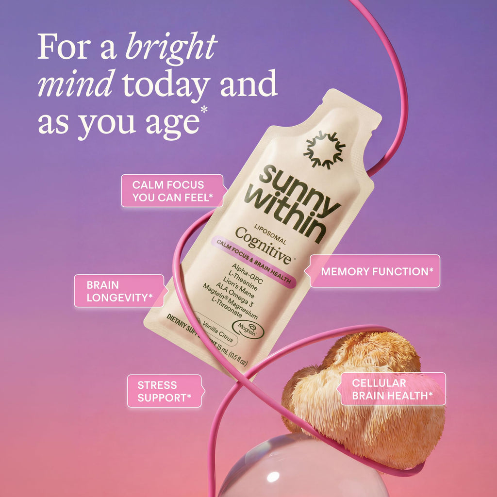 Sunny Within - Brain Health Supplement - Magnesium L-Threonate from Magtein®, Lion’s Mane, Alpha GPC, L-Theanine, ALA & Avocado Oil - Focus, Mood & Memory Support* - 30 Daily Vegan Pouches