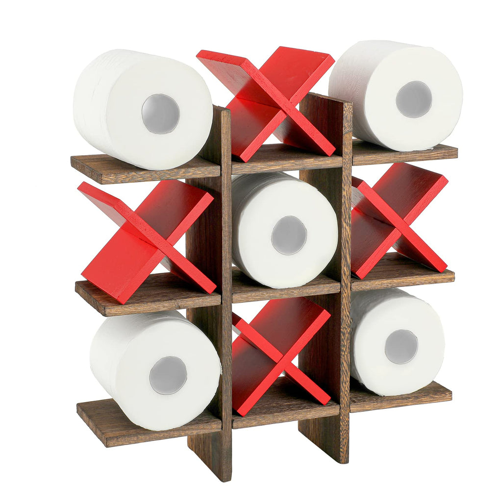 Weysat Tic Tac Toe Toilet Paper Holder Stand Bathroom Wall Decor Rustic Wooden Hanging Storage Freestanding Wall Mounted Shelves Decor for Toilet Tissue Farmhouse