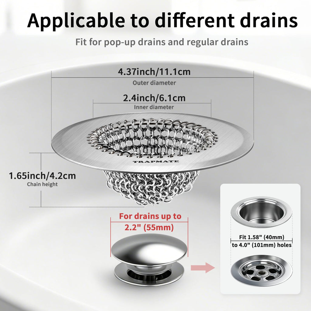 TRAPMATE Shower Drain Hair Catcher, 4.4" Easy Clean Bathtub Drain Hair Catcher, Anti-Slip Bath Tub Drain Protector, Upgraded 304 Stainless Steel Shower Sink Drain Cover for Bathroom (Patented Product)