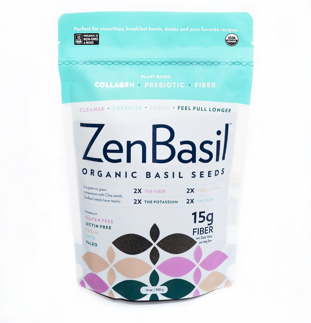 Zen Basil Seeds | edible basil seeds, kosher, non-gmo, lectin free, gluten free, plant based, keto, paleo, vegan | 15g fiber per/serv | 14oz | more fiber than chia seeds | prebiotic