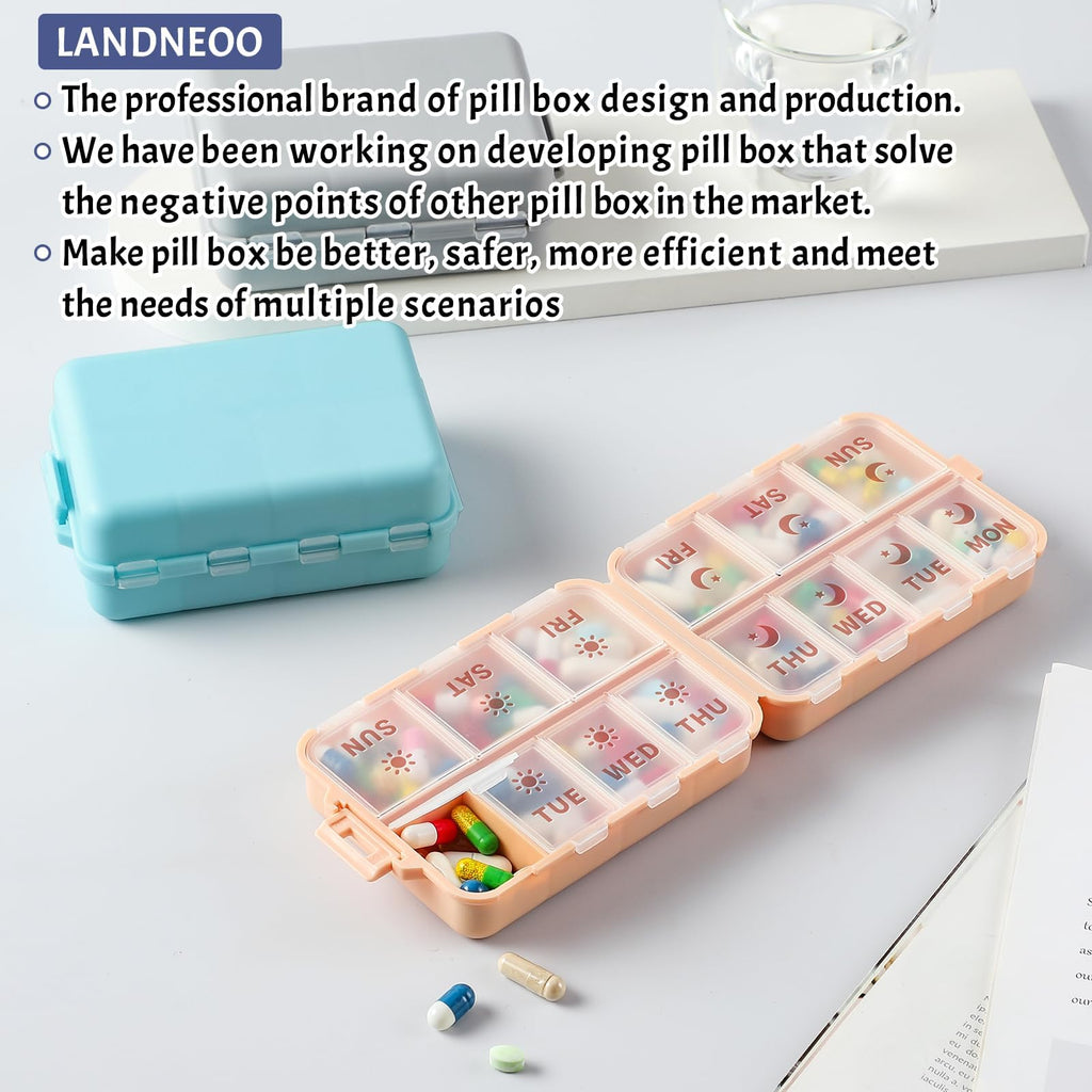 NEW Foldable & Double Protection Portable Weekly Pill Organizer 2 Times A Day with Etched Labels, AM PM 7 Day Week Medicine Box, Daily Travel Pill Case Dispenser for Vitamin, Supplement - Sky Blue