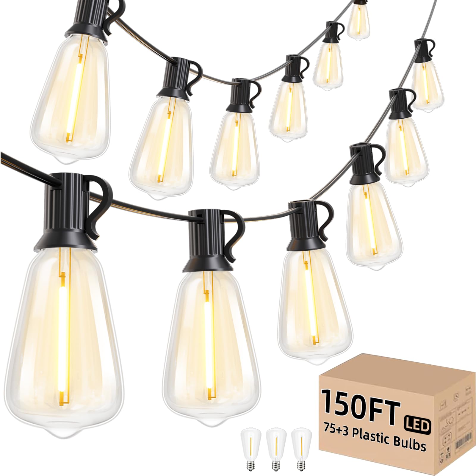 Svater Outdoor String Lights 150 FT, ST38 Patio Lights with 78 pcs Shatterproof Dimmable Vintage Edison Bulbs, Weatherproof Warm White Light for Patio, Backyard, Garden, Bistro