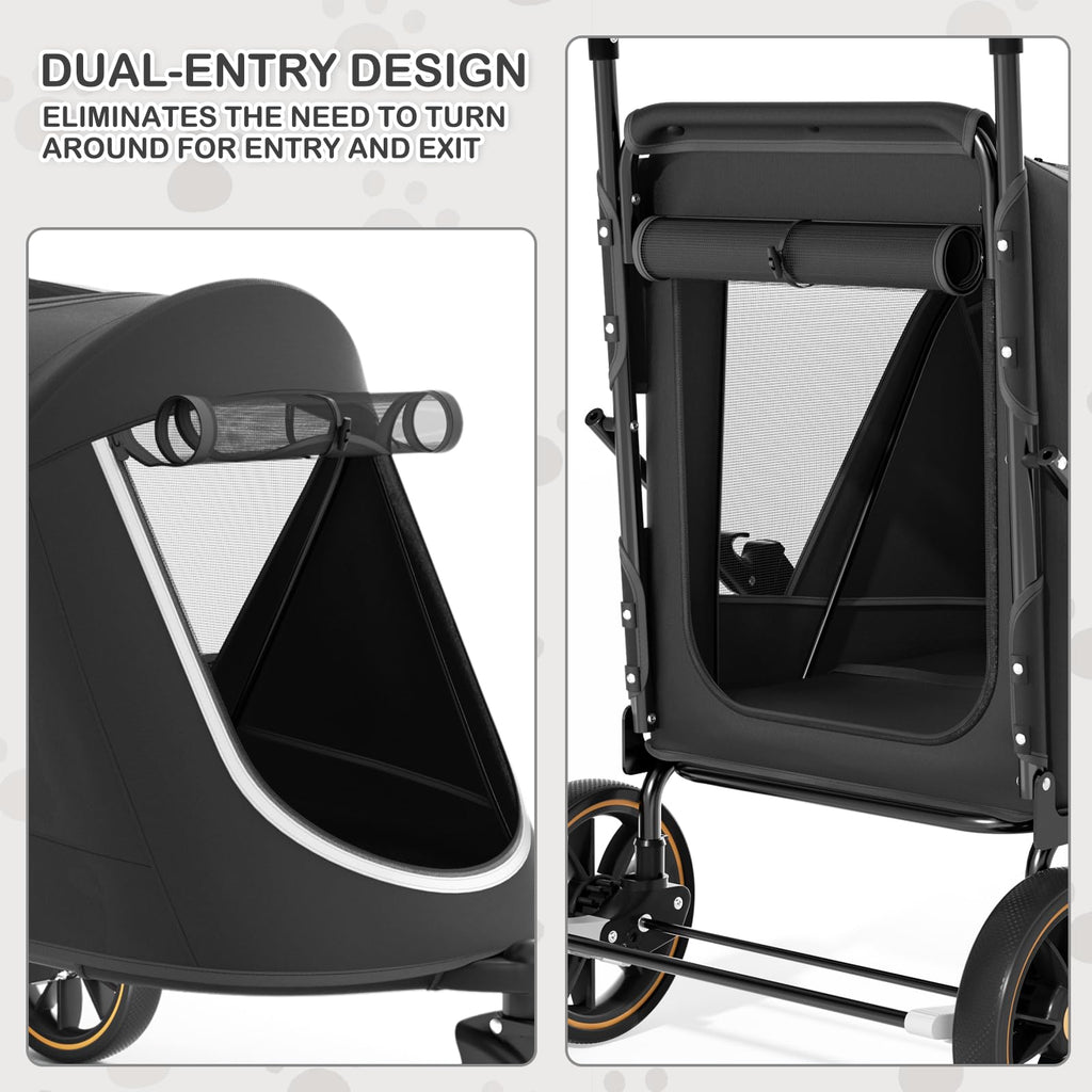 MoNiBloom Pet Stroller for Large Dogs or Multiple Dogs Cats with Adjustable Handle, 3-Wheels Dual Entry Portable Dog Carting Easy Folding Pet Wagon Double Dog Stroller up to 55 lbs, Black