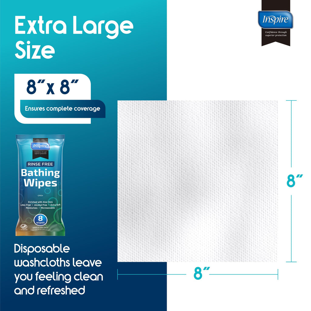 Body Wipes for adults bathing Rinse Free | Adult Wash Cloths Extra Large, Bathing Wipes for Incontinence, 8"x 8" In (192 count Bulk Pack) | By Inspire