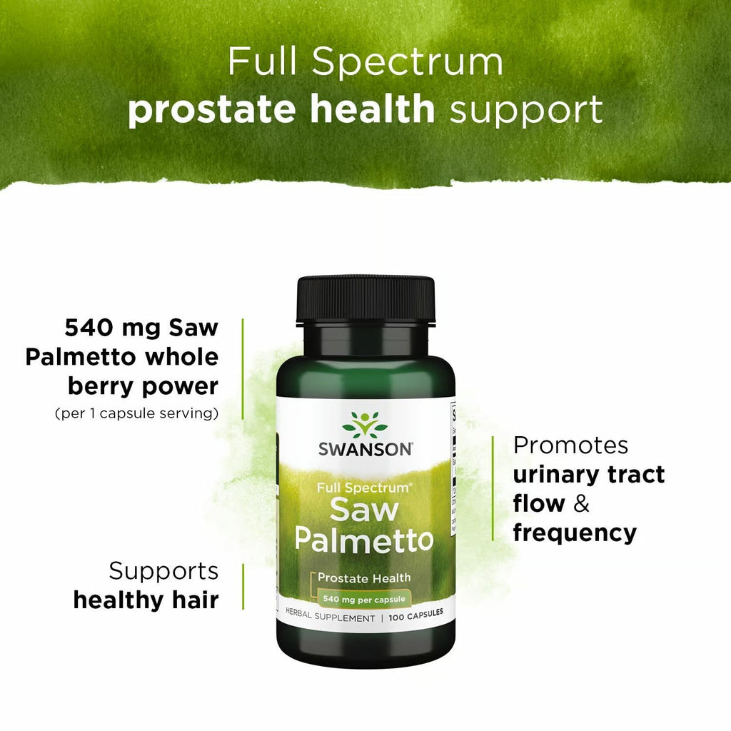 Swanson Saw Palmetto - Herbal Supplement Promoting Male Prostate Health Support - Natural Hair Supplement & Urinary Health Support - 540 mg 100 Capsules (2 Pack)