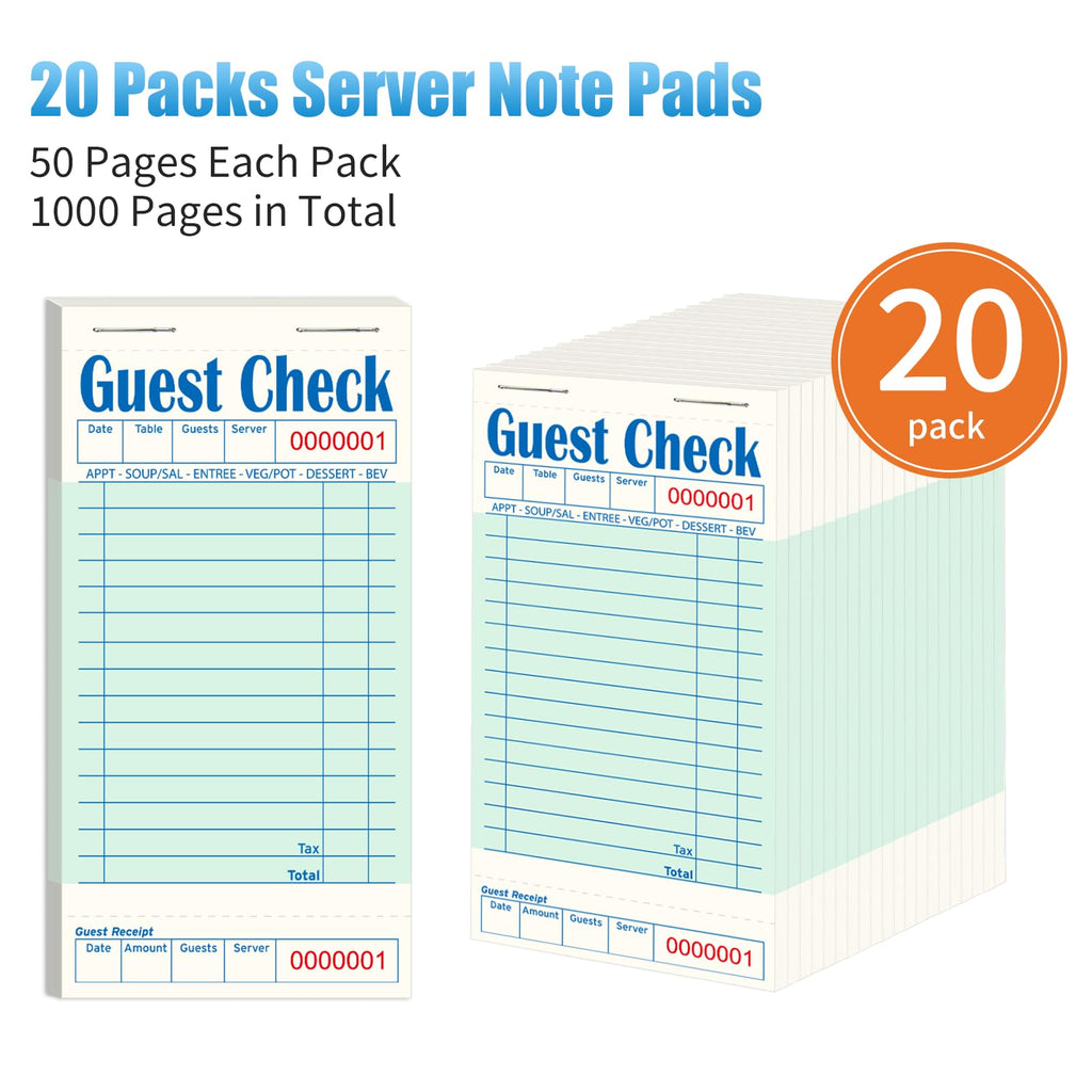 ZPARIK 20 Pack/1000 Tickets Guest Checks Books for Servers, Green