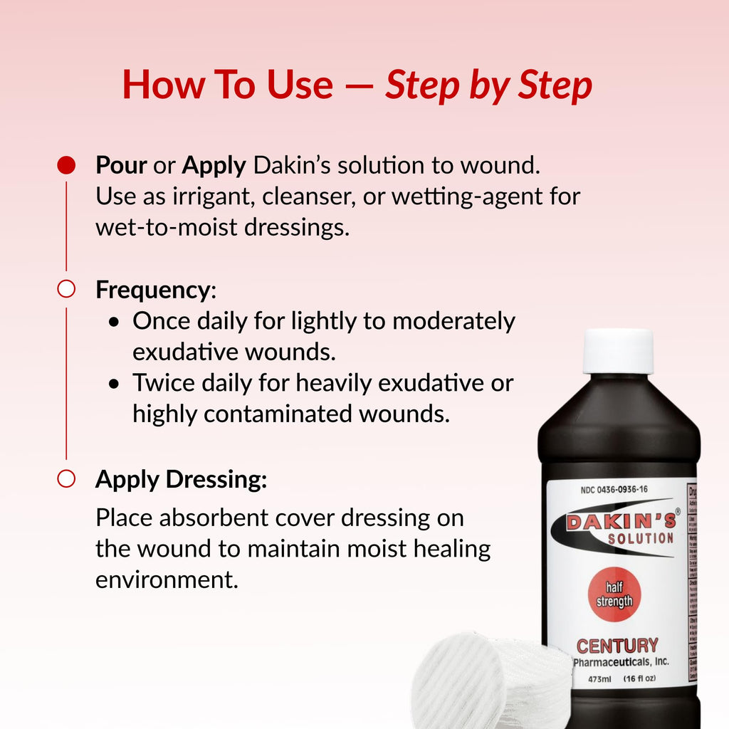 Dakin's Solution Half-Strength 0.25% Sodium Hypochlorite Wound Cleanser for Acute and Chronic Wounds, Antimicrobial No-Rinse Formula, Gentle on Skin, Safe for Home or Clinical Use, 16 oz