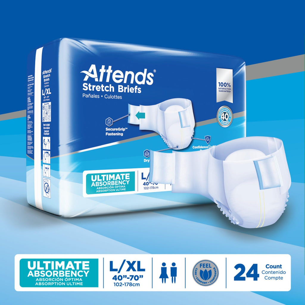 Attends Stretch Adult Disposable Briefs, Large/X-Large, 40"-70" Waist with Tab Closure, Ultimate Absorbency with Dry-Lock Containment Core, 96ct Case