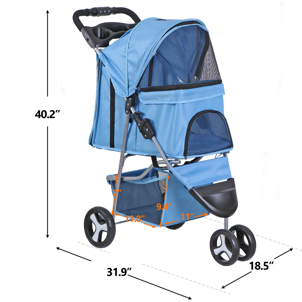 Foldable Pet Stroller for Cats and Dogs 3 Wheels Carrier Strolling Cart with Weather Cover, Storage Basket + Cup Holder (Blue)