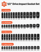 VEVOR 1/2" Drive Impact Socket Set, 65 Piece Socket Set SAE 3/8" to 1-1/4" and Metric 10-24mm, 6 Point Cr-V Alloy Steel for Auto Repair, Rugged Construction, Easy-to-Read Size Markings, Storage Case