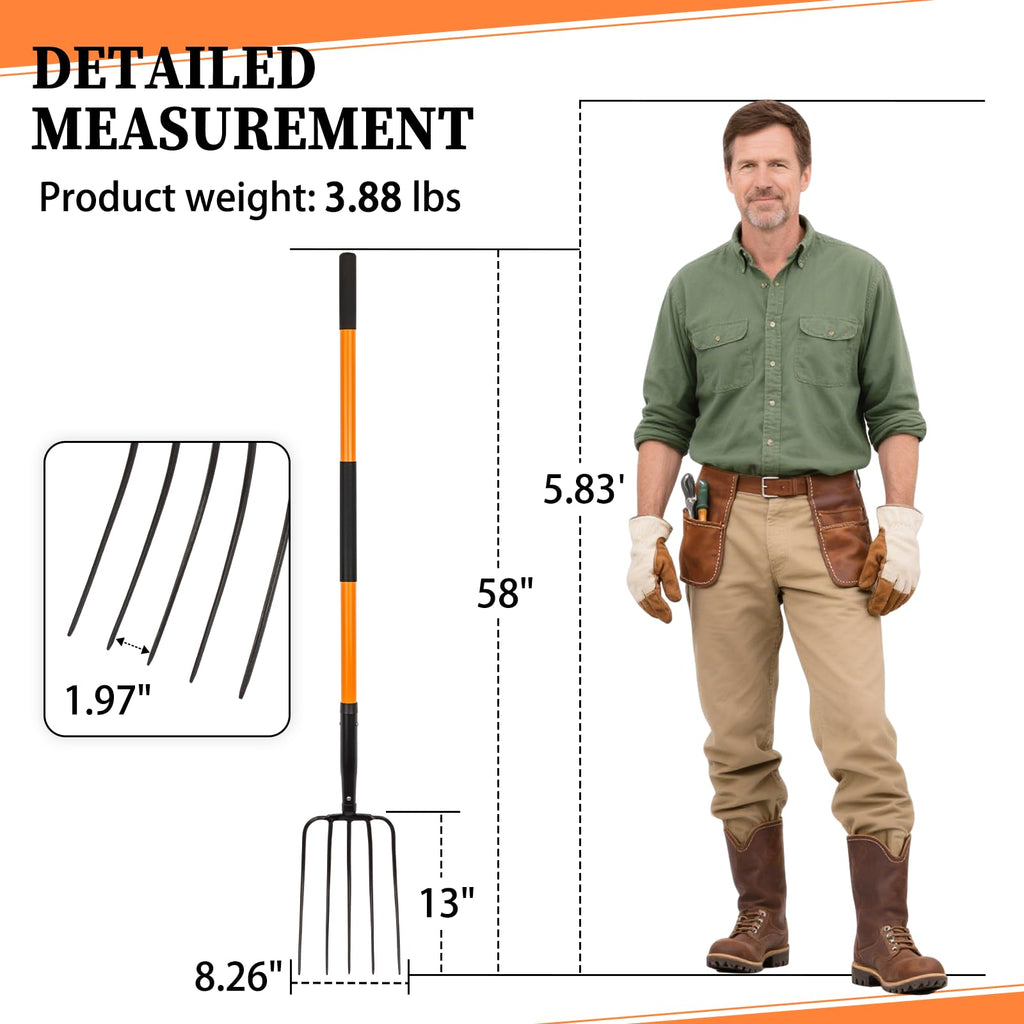 Nohovu 5 Tine Pitchfork for Gardening, Heavy Duty Pitchfork with Fiberglass Handle, Garden Fork for Mulching, 58 Inches