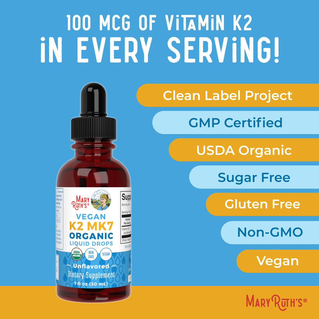 MaryRuth’s USDA Organic Vitamin K2 MK7 Liquid Drops for Adults & Kids | Sourced from Natto | Menaquinone- 7 | Vegan K2 Vitamin for Bone Health & Calcium Absorption | 1oz | Up to 90 Servings