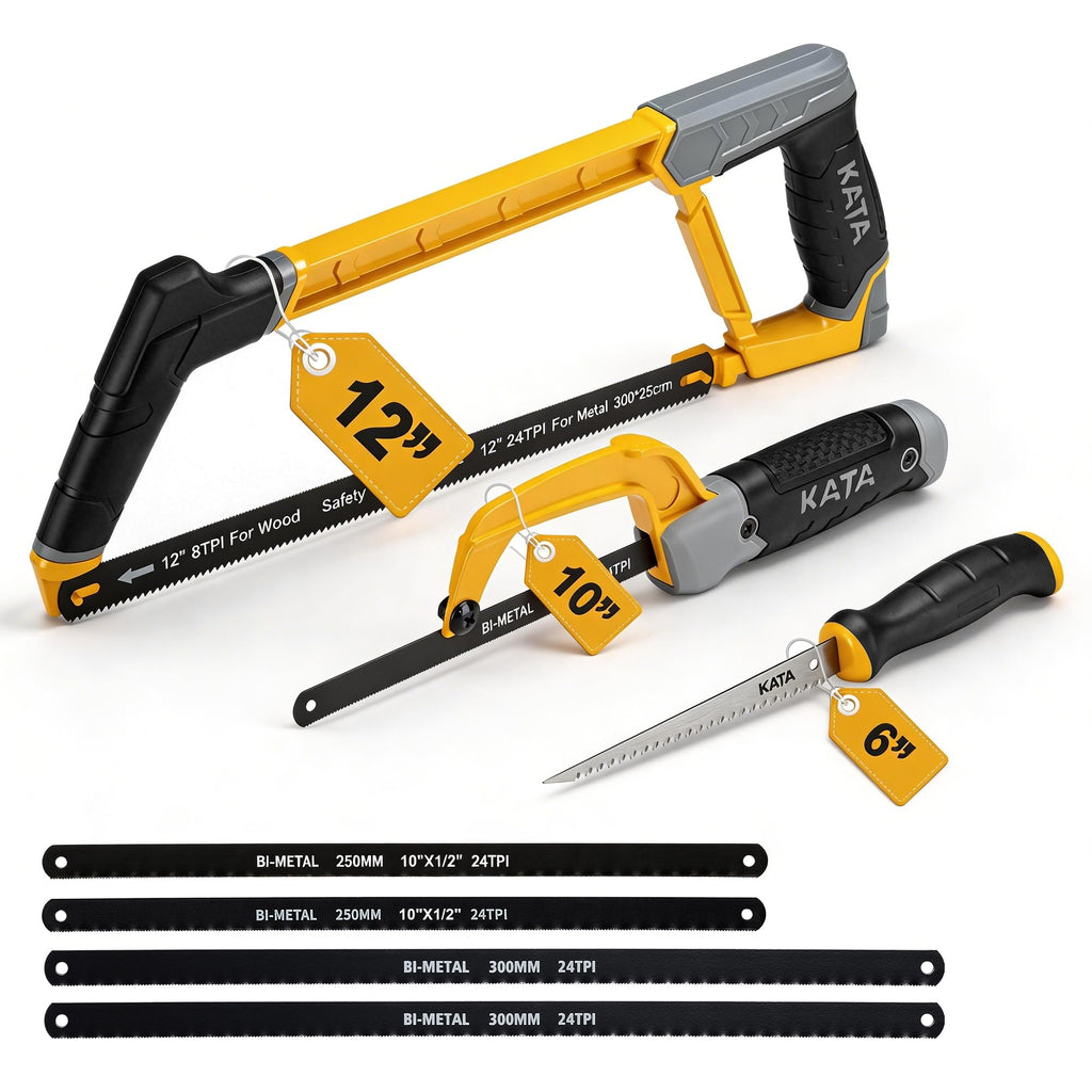 KATA Heavy Duty Hacksaw Frame Set, 12 Inch Hacksaw, 10 Inch Mini Hacksaw & 6 Inch Drywall Jab Saw, 4pc Extra Bi-Metal HSS Blades, 45°/90° Adjustable, Cutting Metal, Wood, PVC
