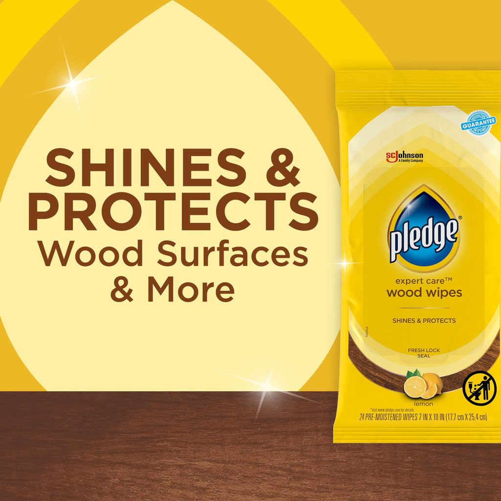 Pledge Expert Care Enhancing Wood Wipes, Lemon Scent (Pack of 6, 144 Total Count), Yellow