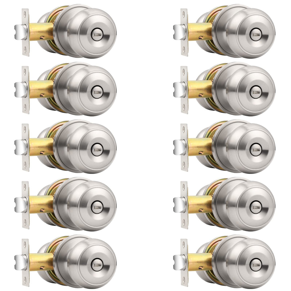 Probrico Brushed Nickel Bed/Bath Door Knobs, Satin Ball Door Knob, Interior Door Knobs for Bedroom Bathroom, Privacy Function, 10 Pack