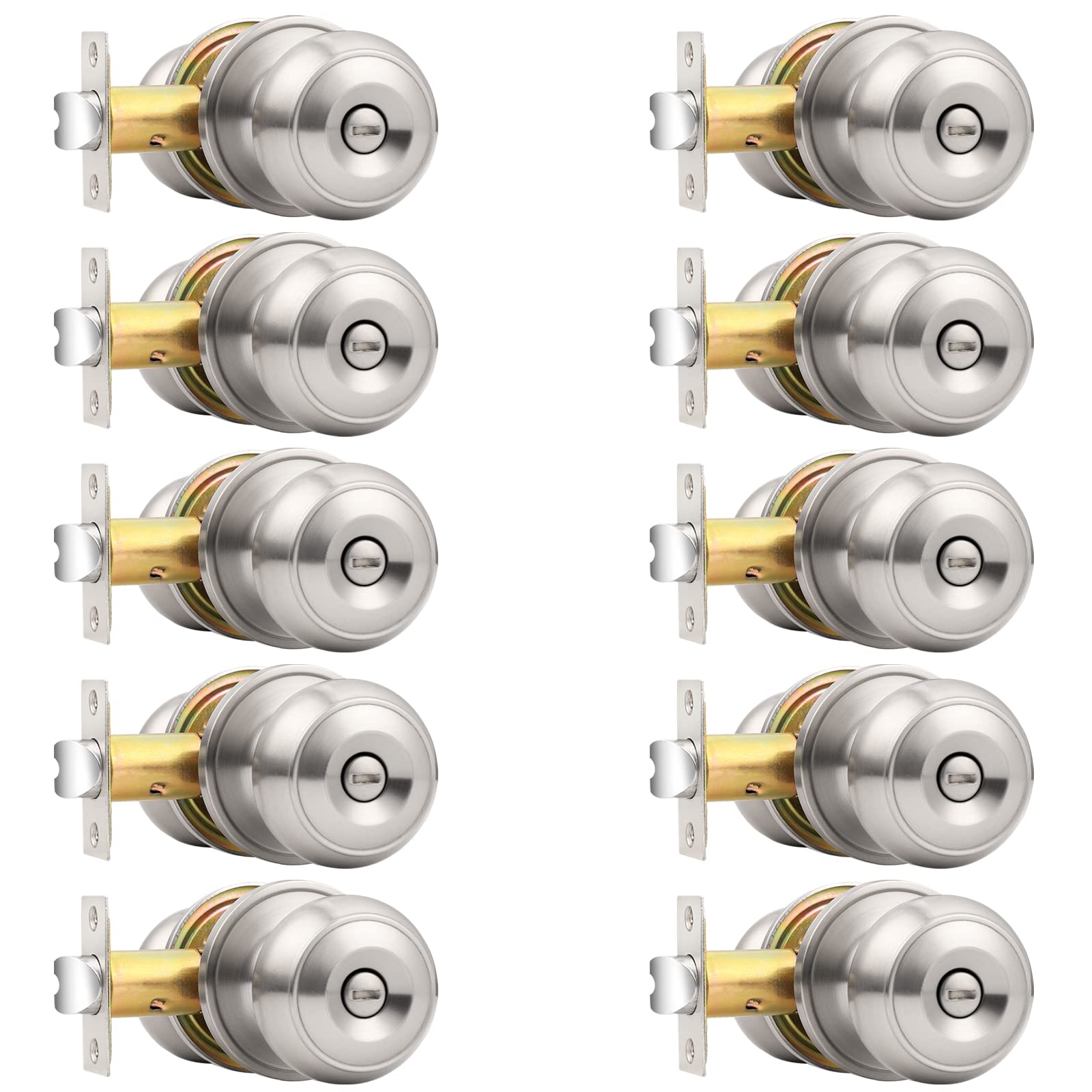 Probrico Brushed Nickel Bed/Bath Door Knobs, Satin Ball Door Knob, Interior Door Knobs for Bedroom Bathroom, Privacy Function, 10 Pack