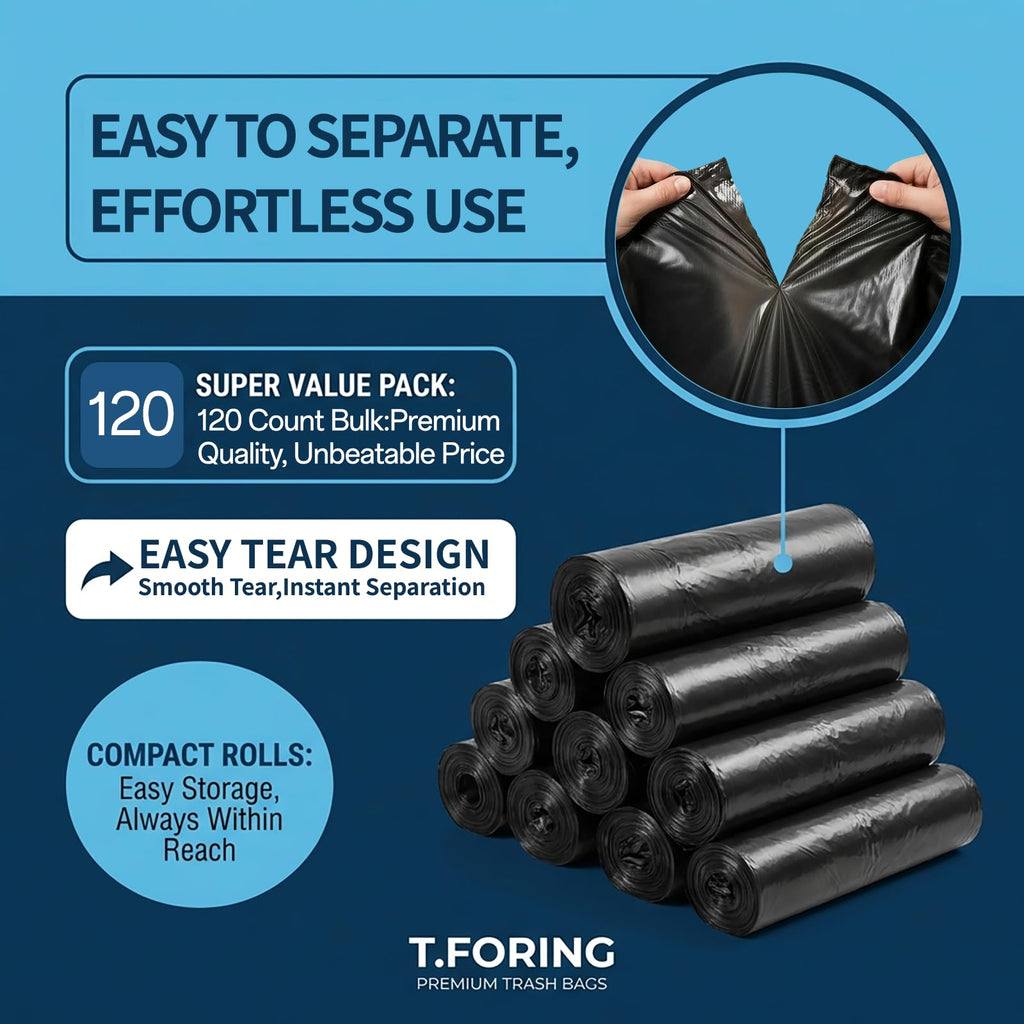 T.FORING 40-45 Gallon Trash Bags Unscented, 35'' x 40'', Black, 120 Count