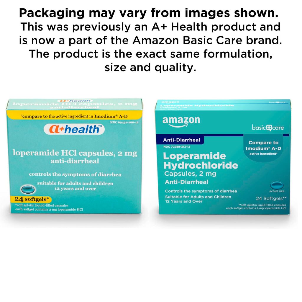 Amazon Basic Care Loperamide Hcl 2 Mg Softgels, Anti-Diarrheal, Easy to Swallow, Controls Symptoms of Traveler's Diarrhea, 24 Count (Pack of 2)