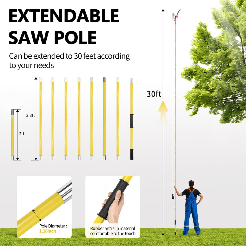 Ersitrole Manual Pole Saw, 30 ft Extendable Tree Pruner, Sharp Steel Blade and Scissors High Branches Trimming, Pole Saws for Tree Trimming, Tree Trimmers Long Handle Pruner