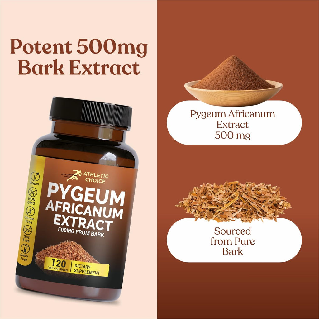 Athletic Choice Pygeum Africanum 500mg Bark Extract, 120 Capsules, Non-GMO & Gluten-Free Extra Strength Pygeum Supplement for Men and Women