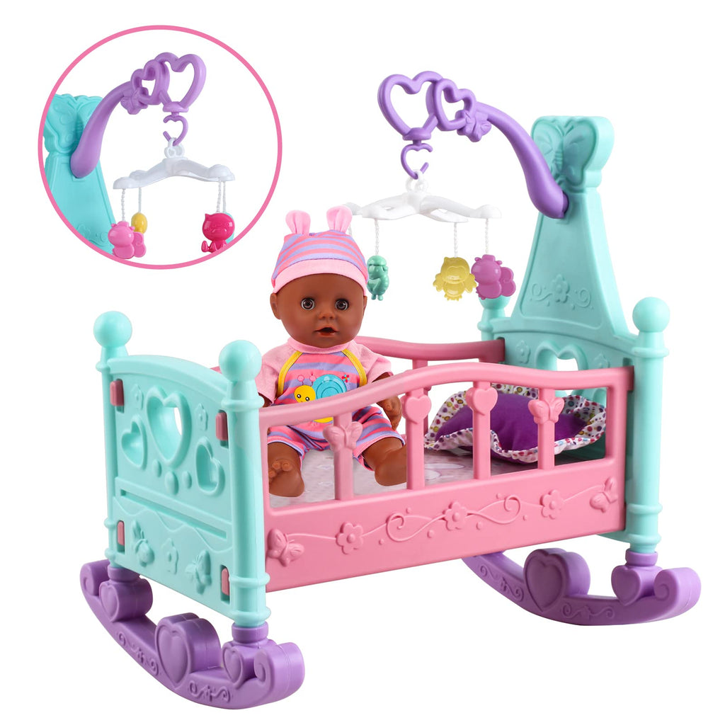 deAO Black Baby Doll Set - Mobile, High Chair, Stroller & Feeding Accessories - 21 Piece Play Set (Doll Included)