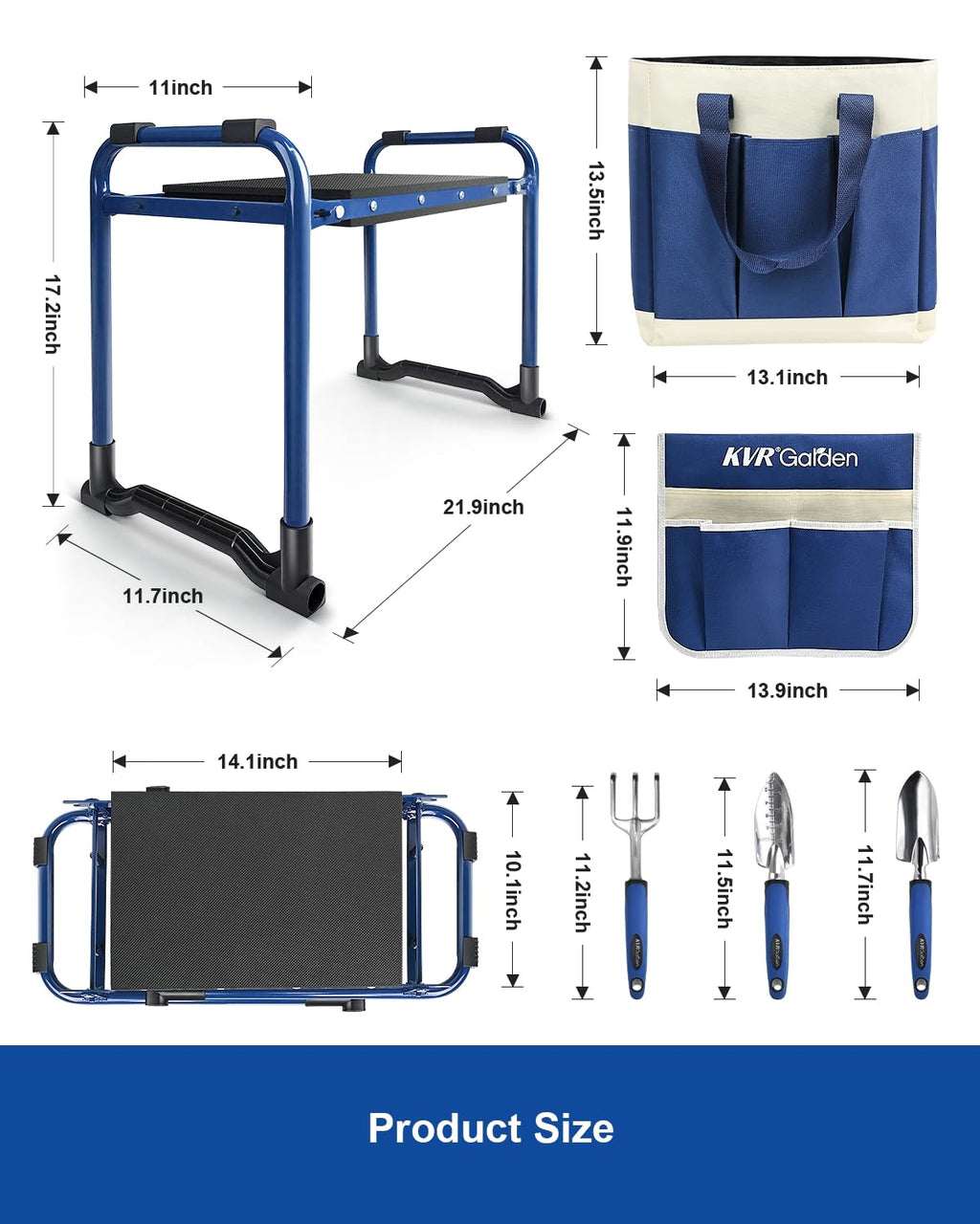KVR Garden Kneeler and Seat Heavy Duty, 7-Piece Foldable Gardening Bench & Stool Set with 3 Aluminum Tools, 2 Secure Tool Pouches and Double-Layer Tote Bag, Gift for Seniors