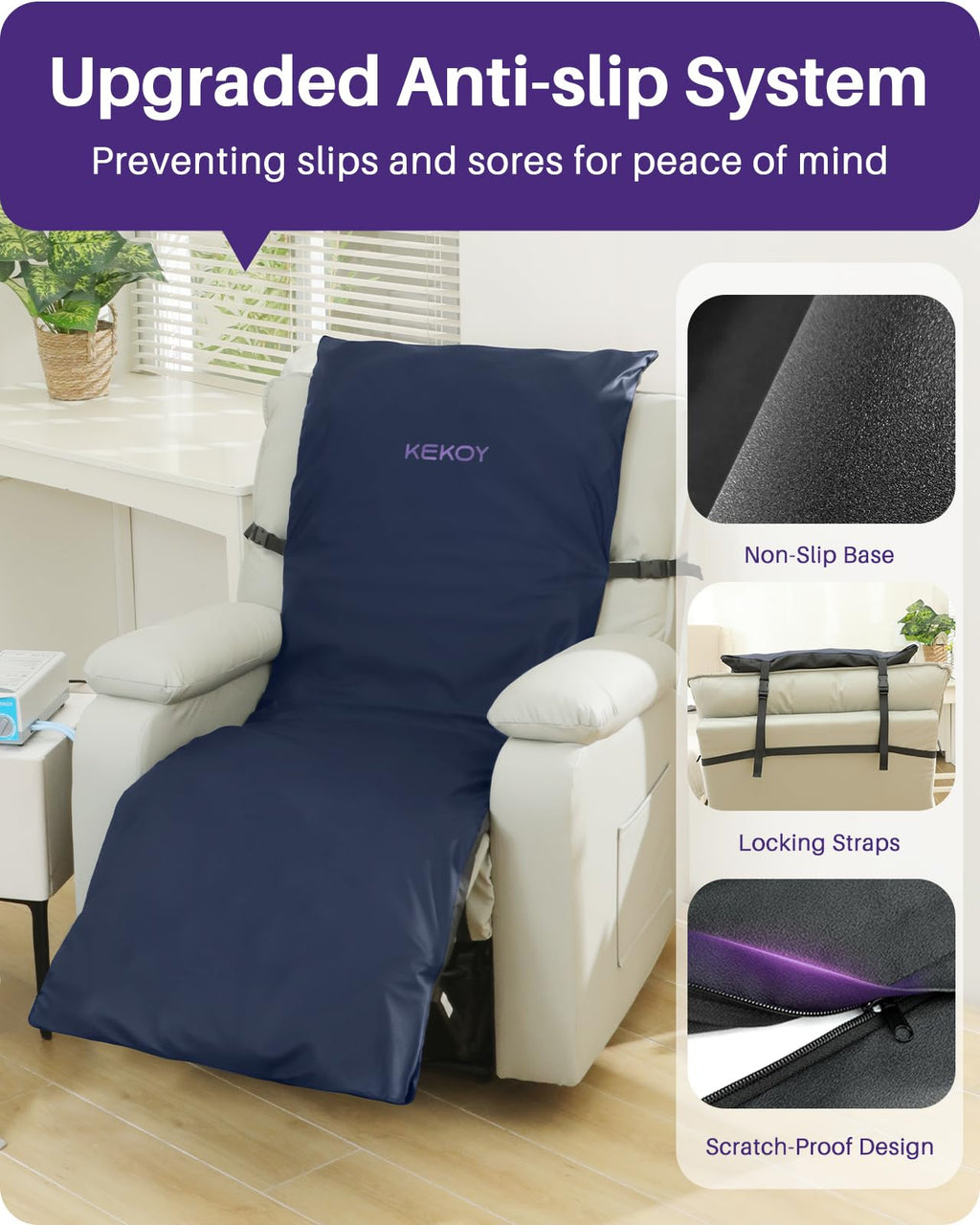 Kekoy Alternating Air Pressure Mattress Pad for Recliner Chair, Upgraded Anti-Slip Design, Pressure Relief Cushion & Bedsore Prevention for Elderly, Quiet Pump, Waterproof Cover for Home Hospital Use