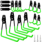 15-Piece Garage Wall Hooks with 3 Extension Straps, Green Heavy Duty Tool Storage Rack for Ladder, Bike, Shovel, Garden Tools, Metal Wall Mount Organizer Set