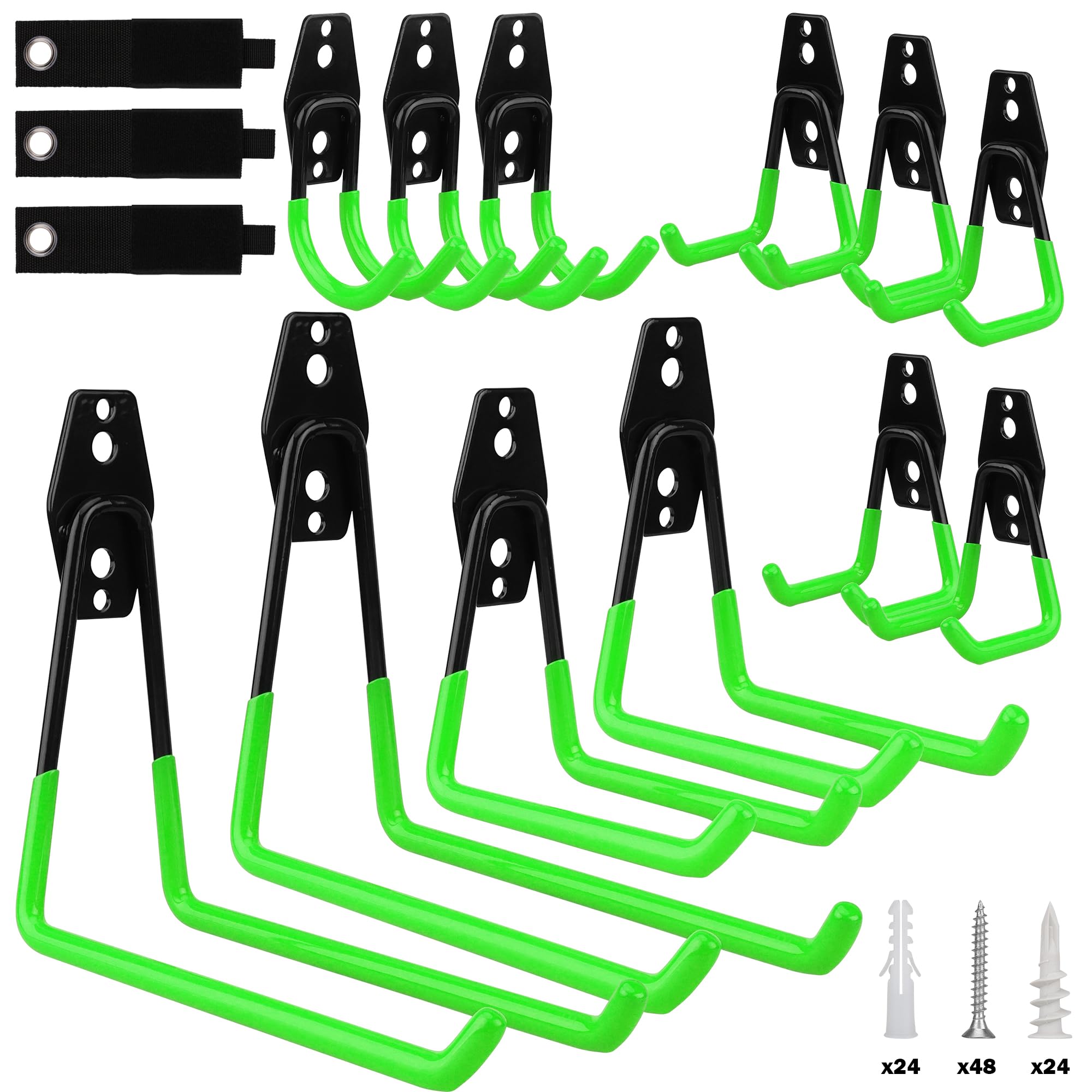 15-Piece Garage Wall Hooks with 3 Extension Straps, Green Heavy Duty Tool Storage Rack for Ladder, Bike, Shovel, Garden Tools, Metal Wall Mount Organizer Set
