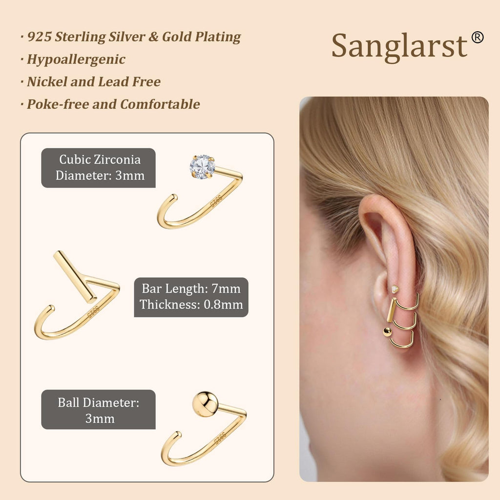 Sanglarst 925 Sterling Silver 14K Gold Plated Backless Half Hoop Earrings