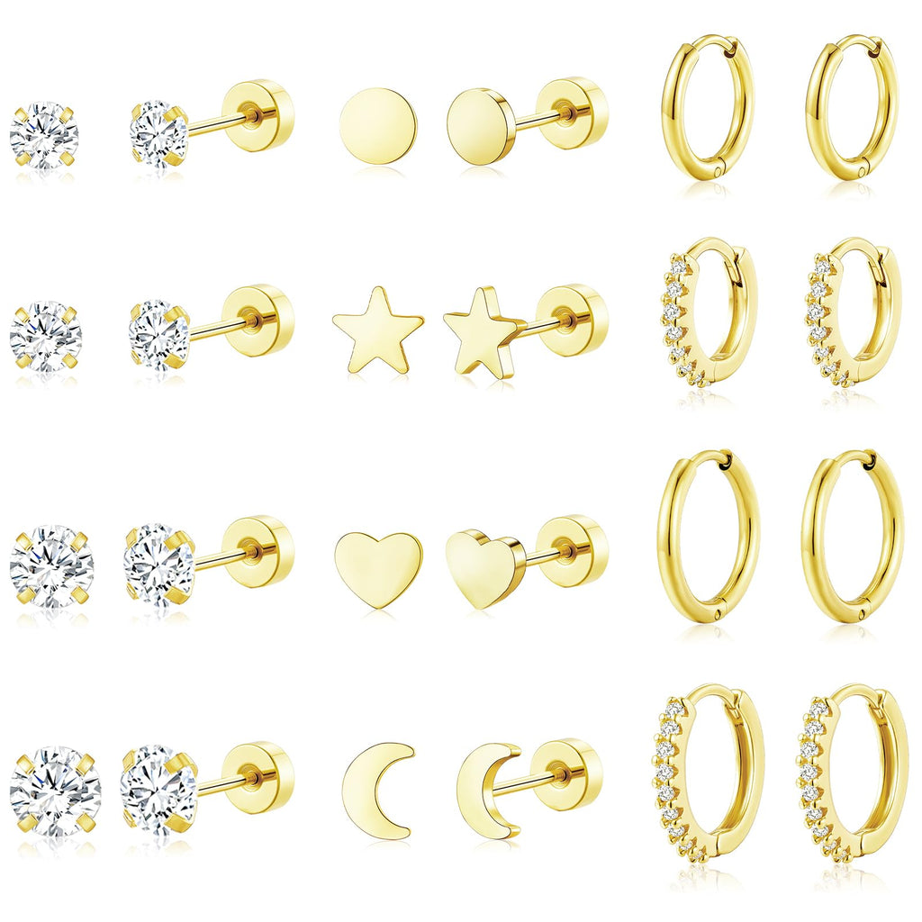 adoyi Gold Hoop Earrings Set for Women Hypoallergenic Surgical Steel Earrings for Women Sensitive Ears, 14K Gold Plated Flat Back Studs Stainless Steel Mini Hoops Earring Lightweight Jewelry