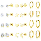 adoyi Gold Hoop Earrings Set for Women Hypoallergenic Surgical Steel Earrings for Women Sensitive Ears, 14K Gold Plated Flat Back Studs Stainless Steel Mini Hoops Earring Lightweight Jewelry