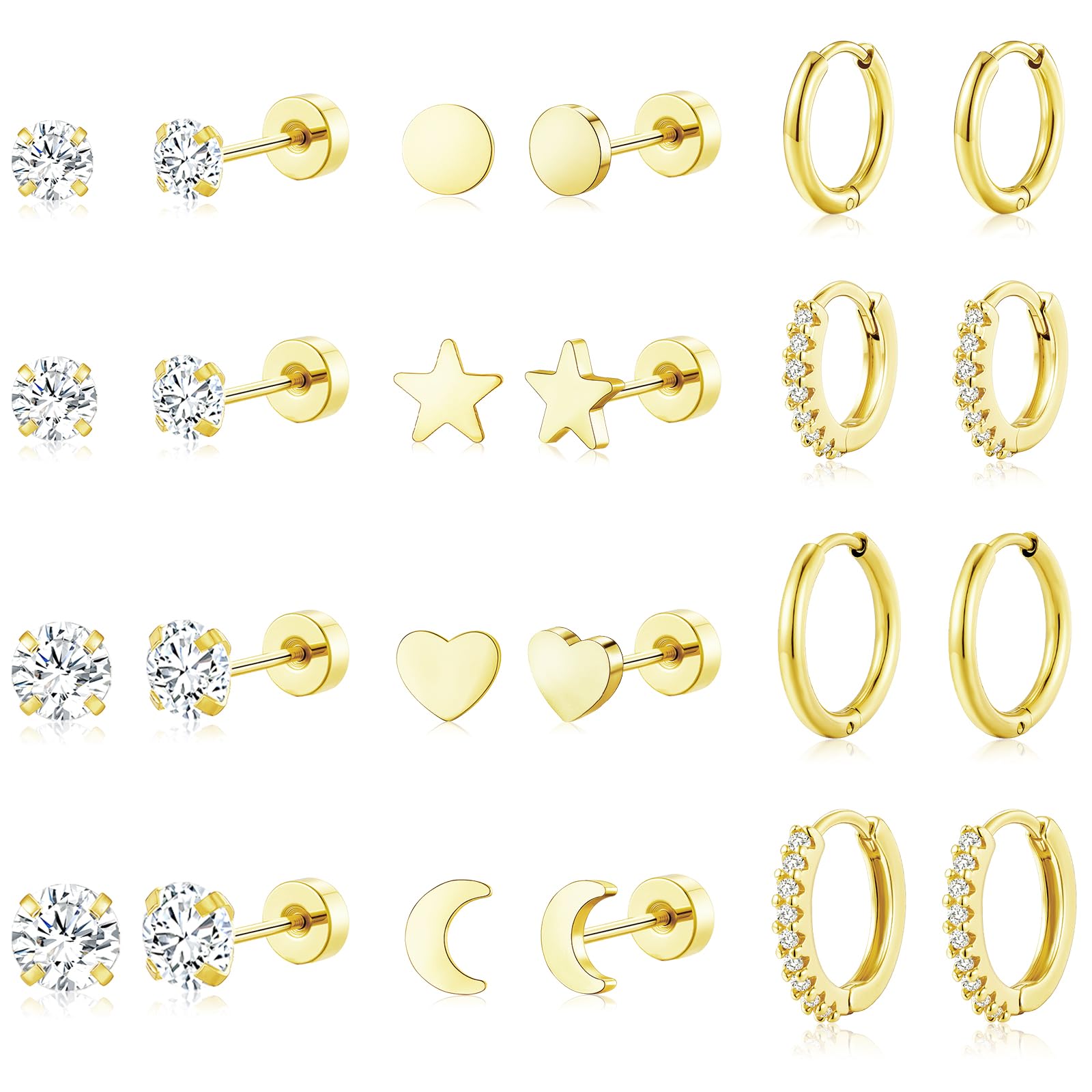 adoyi Gold Hoop Earrings Set for Women Hypoallergenic Surgical Steel Earrings for Women Sensitive Ears, 14K Gold Plated Flat Back Studs Stainless Steel Mini Hoops Earring Lightweight Jewelry
