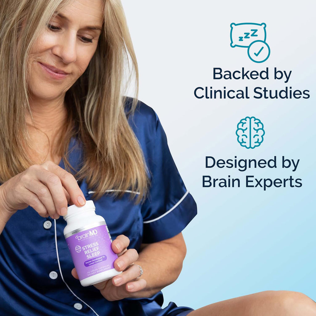 BRAINMD Stress Relief & Sleep Supplement - Natural Calming Formula with GABA & Magnesium - 60 Capsules