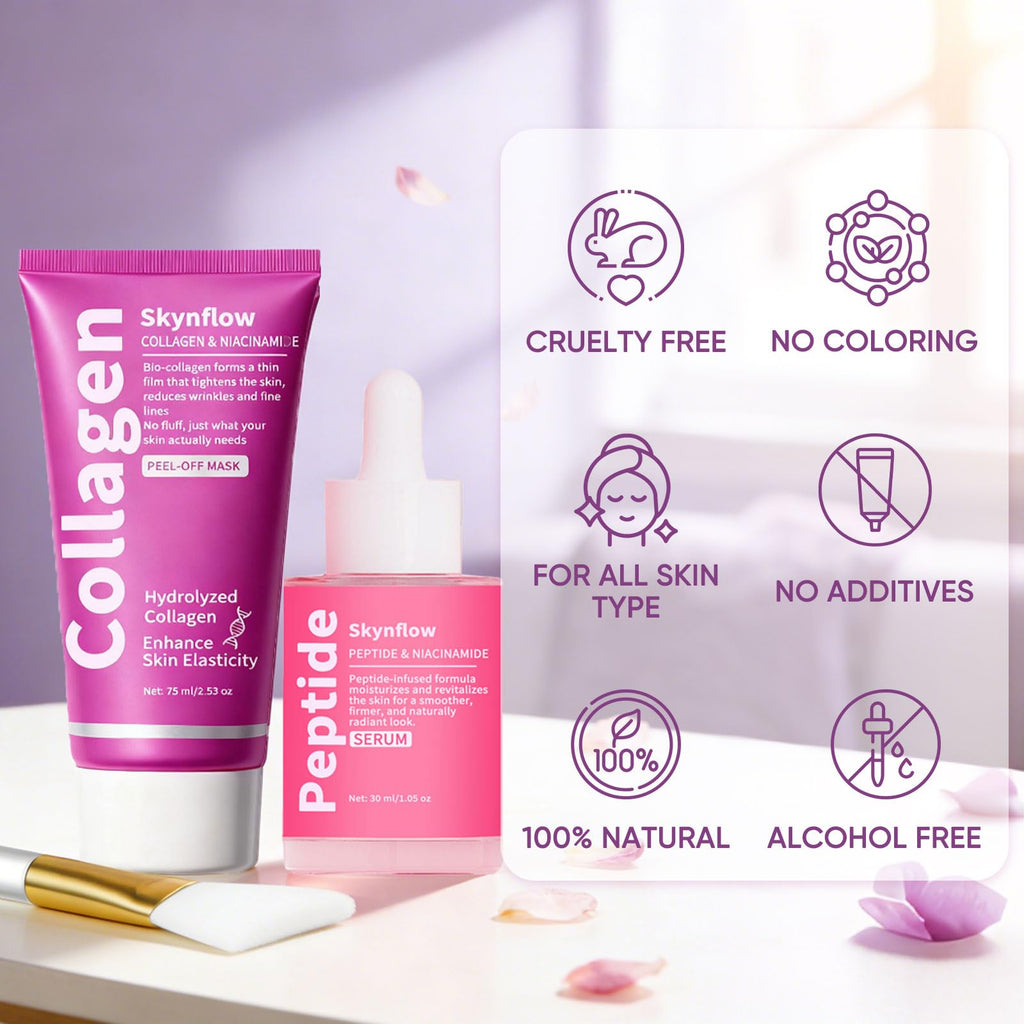 SKYNFLOW Collagen Face Mask + Plumping Peptides PDRN Serum, Overnight Hydrolyzed Peel-Off Mask, Niacinamide Restoring Skincare Set, Reduce Wrinkles, Tighten Fine Lines, Even Skin Tone (1 Set)