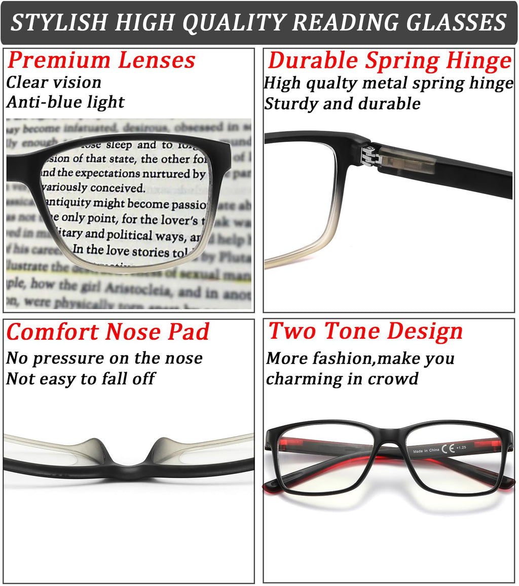 Blue Light Blocking Reading Glasses for Men,4 Pack Stylish Computer 1.5 Readers with Spring Hinges,Anti Glare/Eye Strain Filter UV Ray Magnigying Reader Eyeglasses,+1.50 Magnification Strength