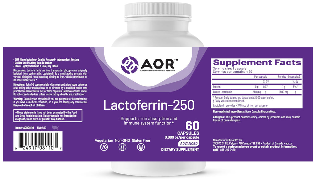 AOR Lactoferrin 250mg, 60 Vegetarian Capsules, 30-60 Day Supply – Supports Healthy Iron Balance & Enhanced Daily Vitality for Overall Well-Being – Non-GMO, Gluten-Free.