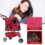 BestPet 3 Wheels Pet Dog Stroller Cat Cage for Medium Small Dogs Cats Travel Folding Carrier Waterproof Puppy Stroller with Cup Holder & Removable Liner,Red