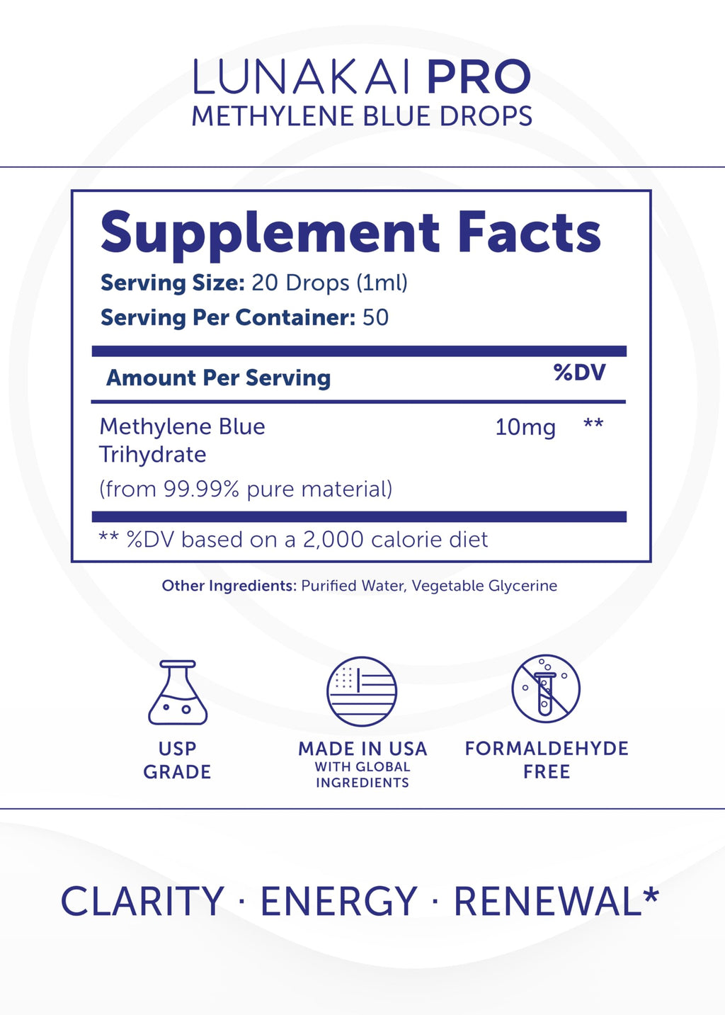 Lunakai USA Made Methylene Blue Pharmaceutical Grade – 99.99% Pure USP Grade 1% Methylene Blue Drops for Humans – Cognitive & Focus Support Supplement