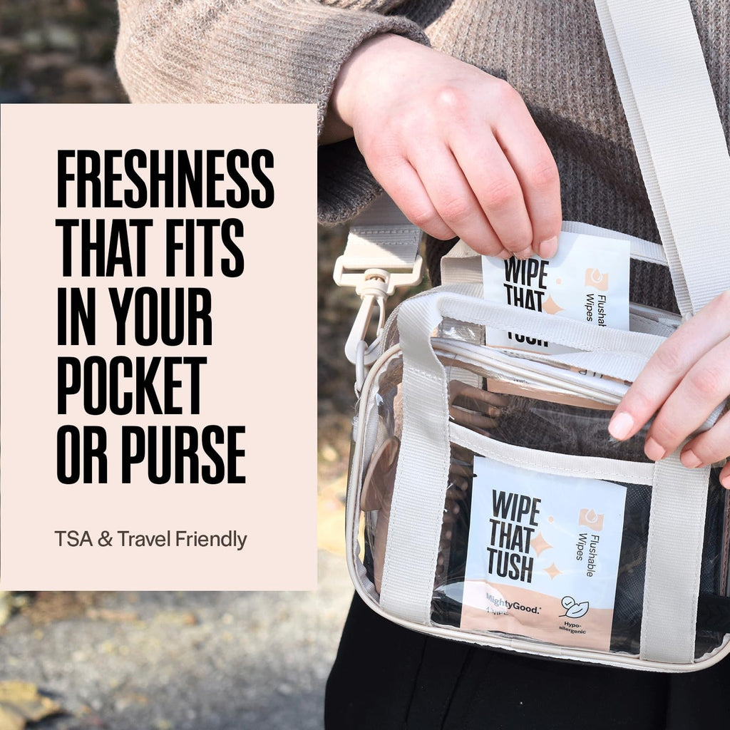 Wipe That Tush On-The-Go Flushable Wipes Bulk Pack - 12 Packs of 10 Individually Wrapped Travel Wipes, 120 Total - Fragrance Free - Hypoallergenic With Aloe & Vitamin E - Septic Safe