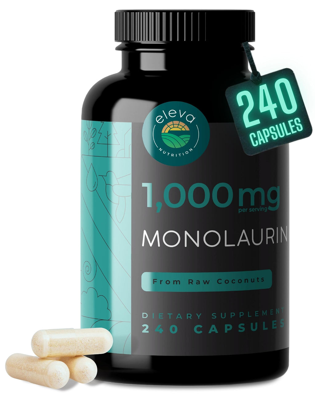Monolaurin 1000mg Capsules — Made with Pure Glycerol and Lauric Acid from Raw Coconut — Natural Vegans- Non-GMO and Soy Free — 240 Capsules