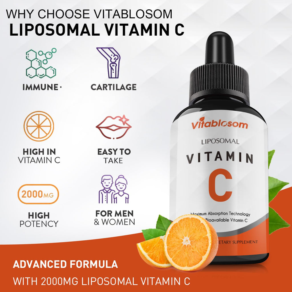 Vitablosom Liposomal Vitamin C 2000mg Liquid for Adults, High Absorption VIT C, Maximize Vitamin C, Immune System & Antioxidant Support, 60ML (4 Bottle)